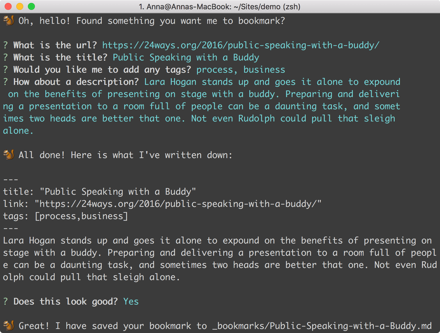 Bookmark command line tool asking for tags
