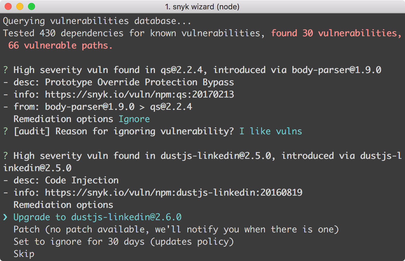 Snyk Wizard prompt