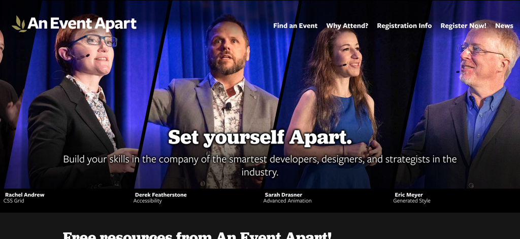The header of the An Event Apart website with slanted images of speakers, and captions beneath.